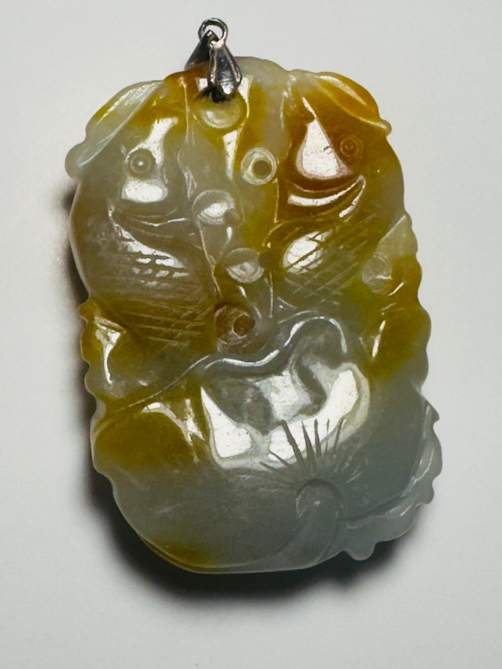 Carved Green & Russet Jade Pendant Fish Lotus Motif Abundance Harmony Feng Shui